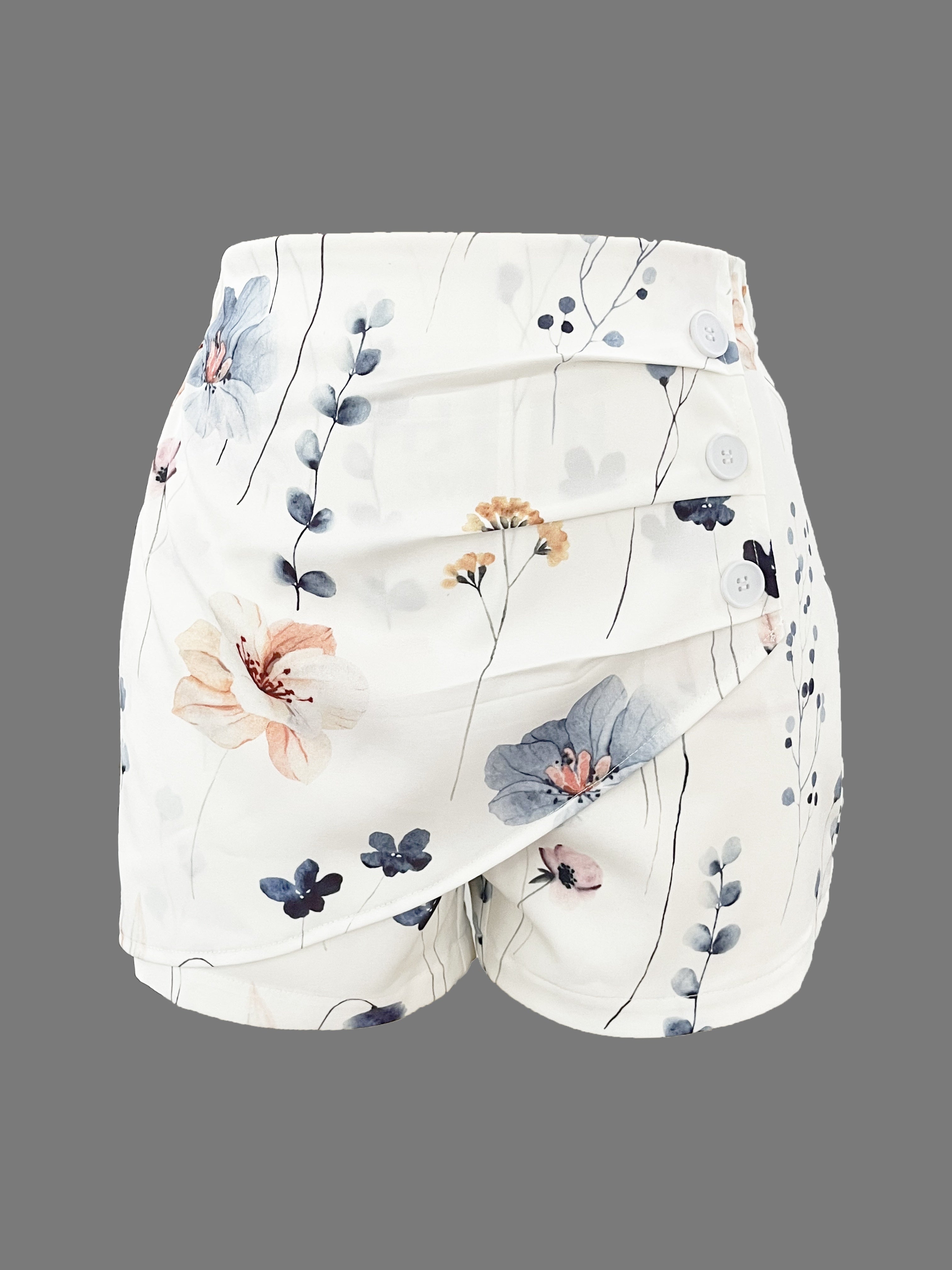 Weiß-Blumige Shorts mit Hohem Bund und Knöpfen - Isabella