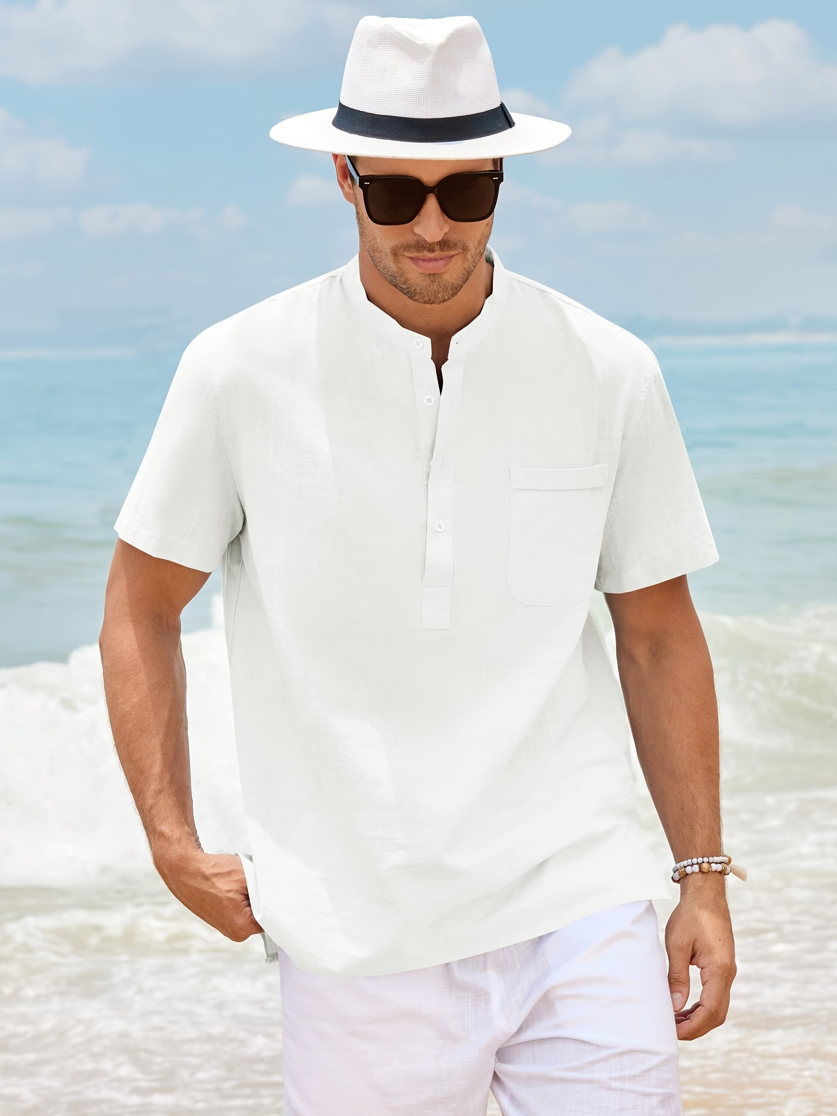 Leinen-Henley-Shirt mit Knopfleiste - Schwarz