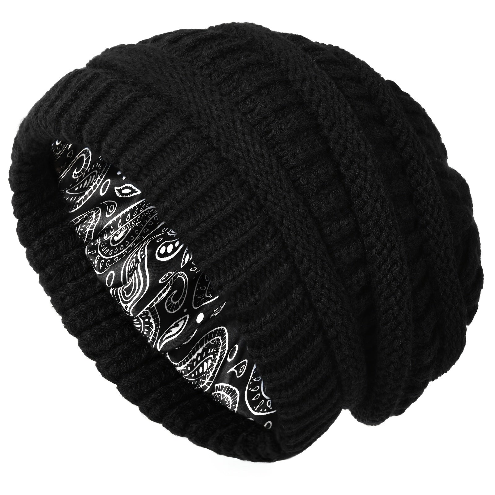 Schwarze Strickmütze - Lässige Beanie mit Paisley-Futter