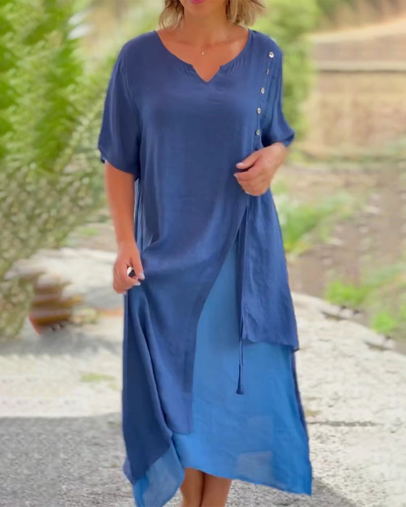 Blaues asymmetrisches Kleid mit Knopfleiste - Nora