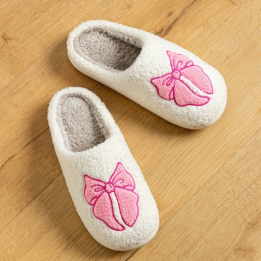 Hausschuhe Beige – Flauschige Slipper mit Rosa Schleifenstickerei