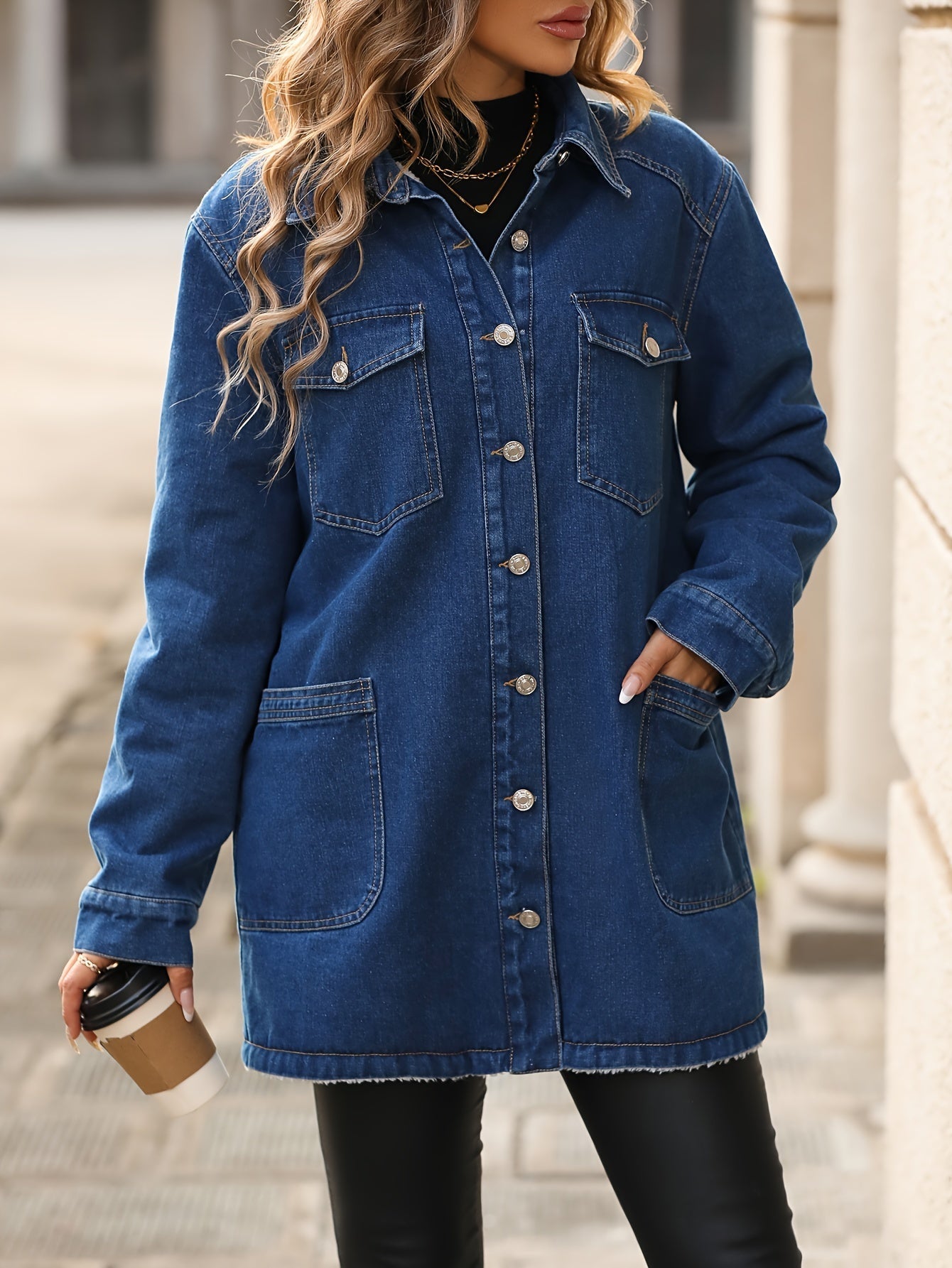 Denim-Jacke Blau – Damen Lässiger Langmantel mit Fleece-Futter