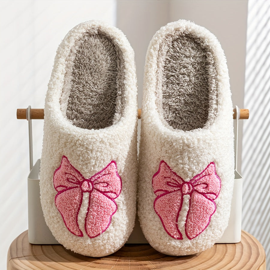 Hausschuhe Beige – Flauschige Slipper mit Rosa Schleifenstickerei