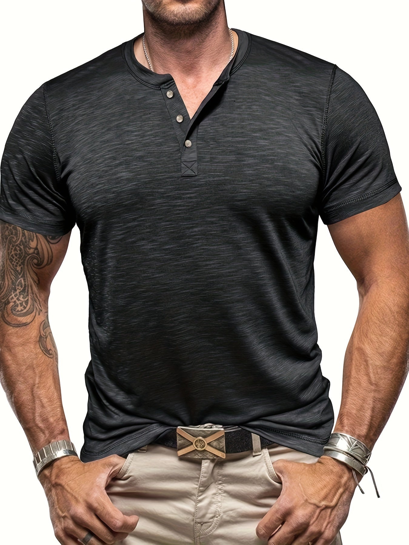 Schwarzes Herren Henley-Sportshirt mit Rundhalsausschnitt - Alex