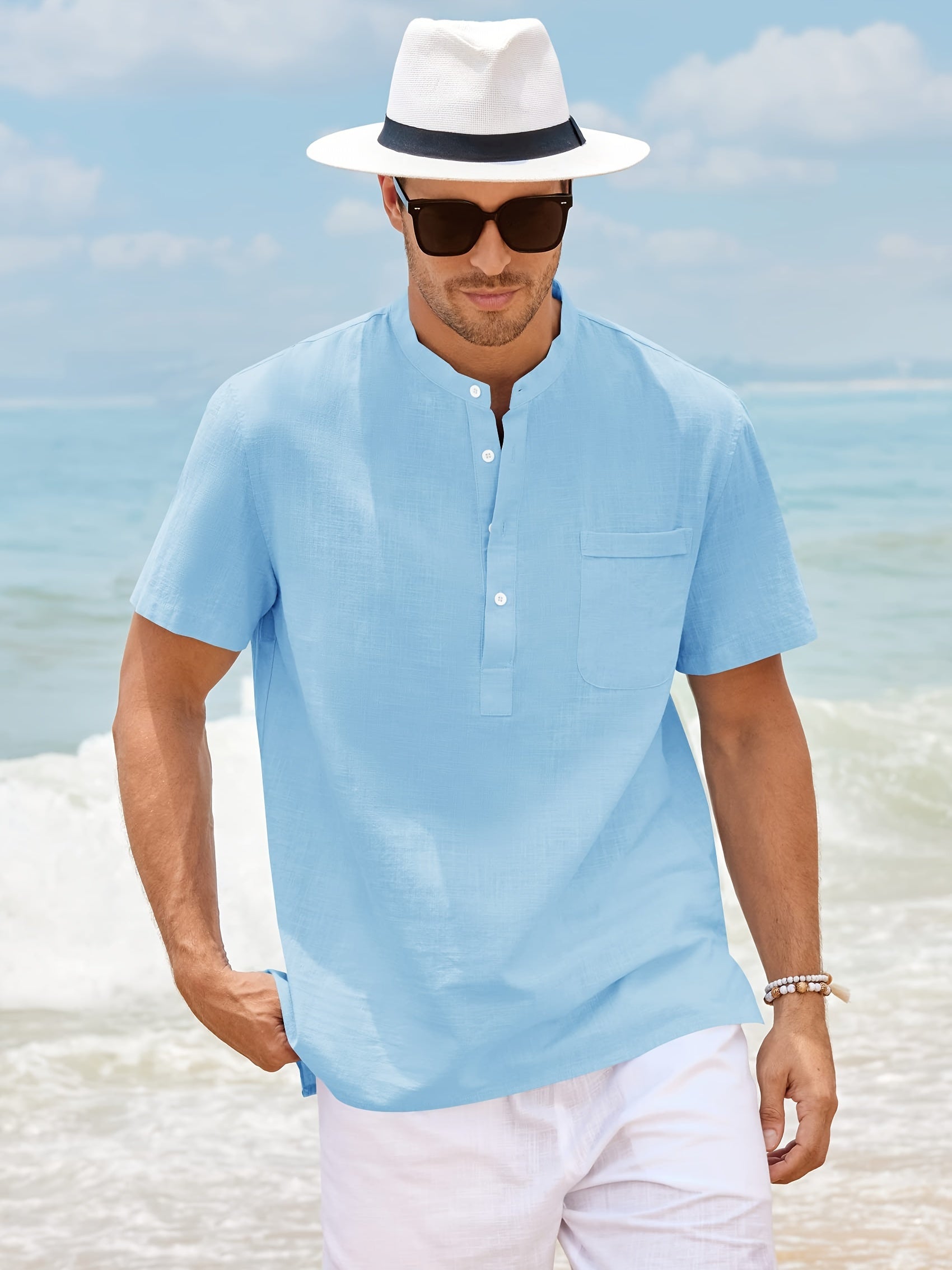 Leinen-Henley-Shirt mit Knopfleiste - Schwarz