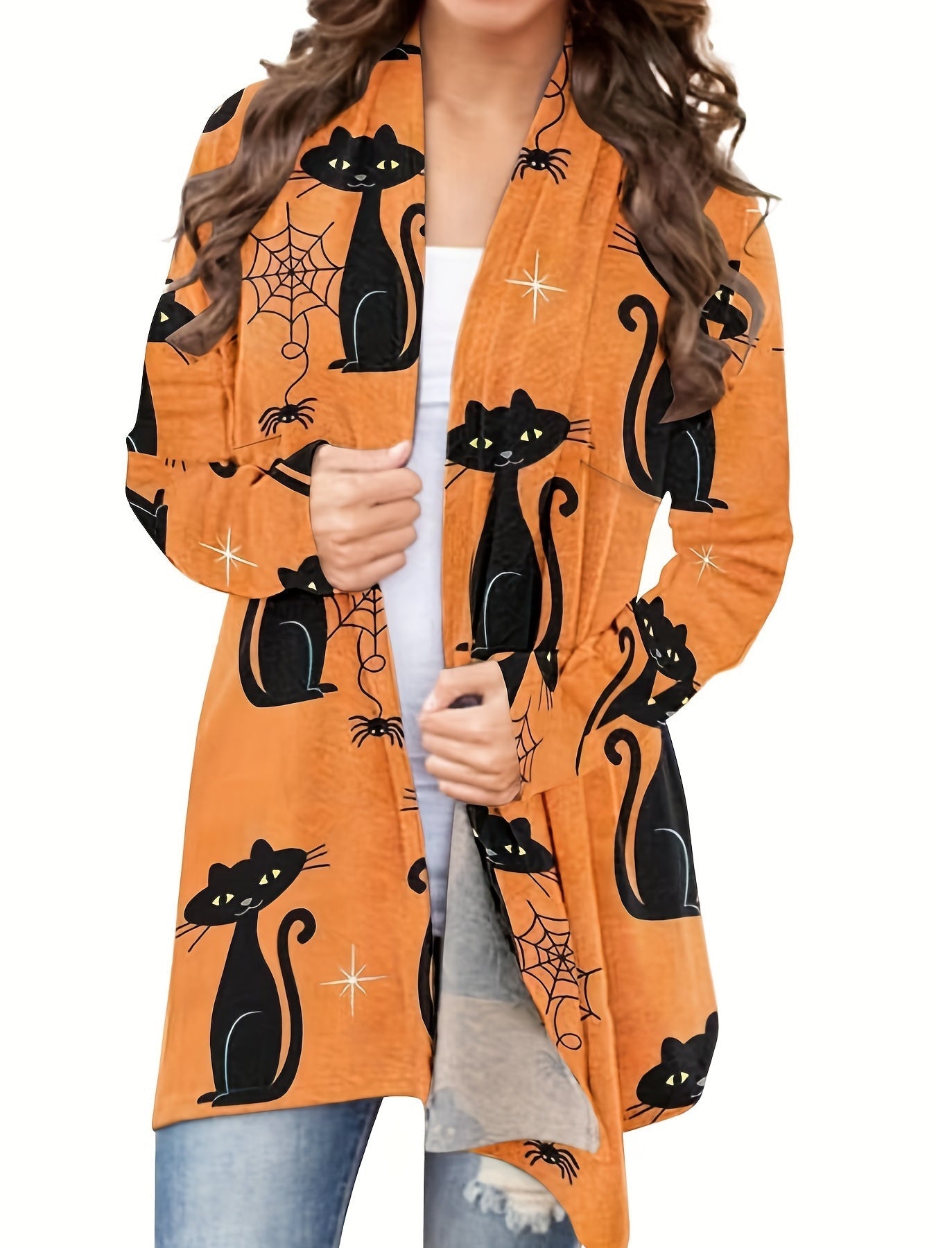 Halloween Sweatshirt Orange - Gruselige Katzen & Spinnenweb Muster