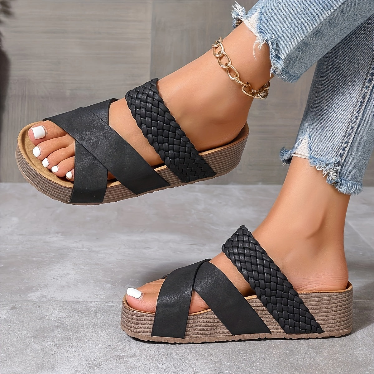 Schwarze Keilsandalen mit Geflochtenem Riemen - Lisa