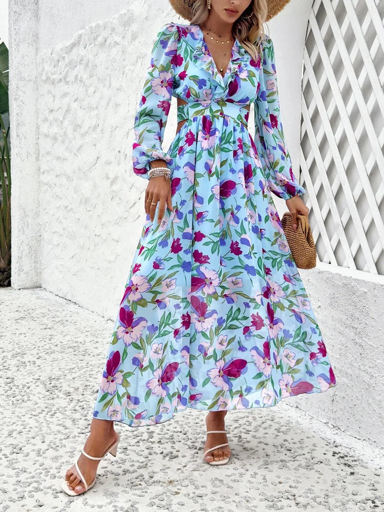 Amelia - Florales Maxikleid in Himmelblau