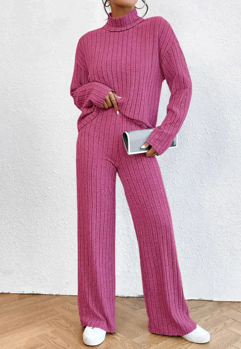 Set Fuchsia - Gestreifter Strickpullover mit passender Hose für Damen- Larissa