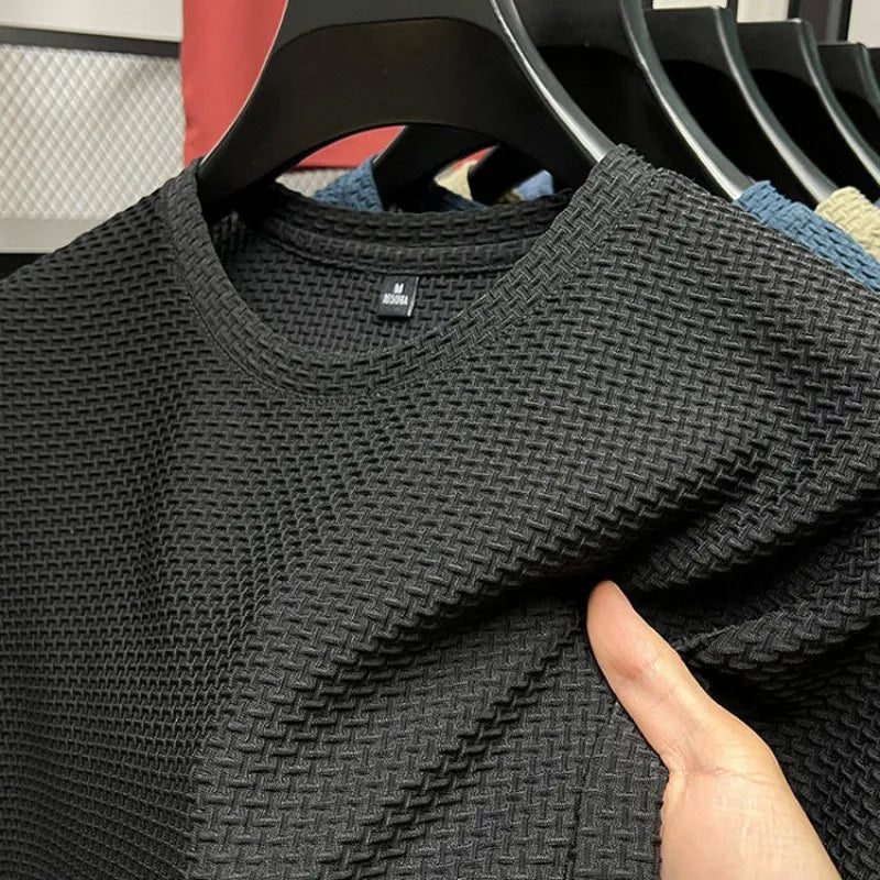 Olivgrünes Texturshirt mit Rundhalsausschnitt und Waffelmuster - Max