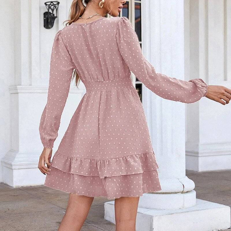 Rosa gepunktetes Kleid mit Rüschen - Clara