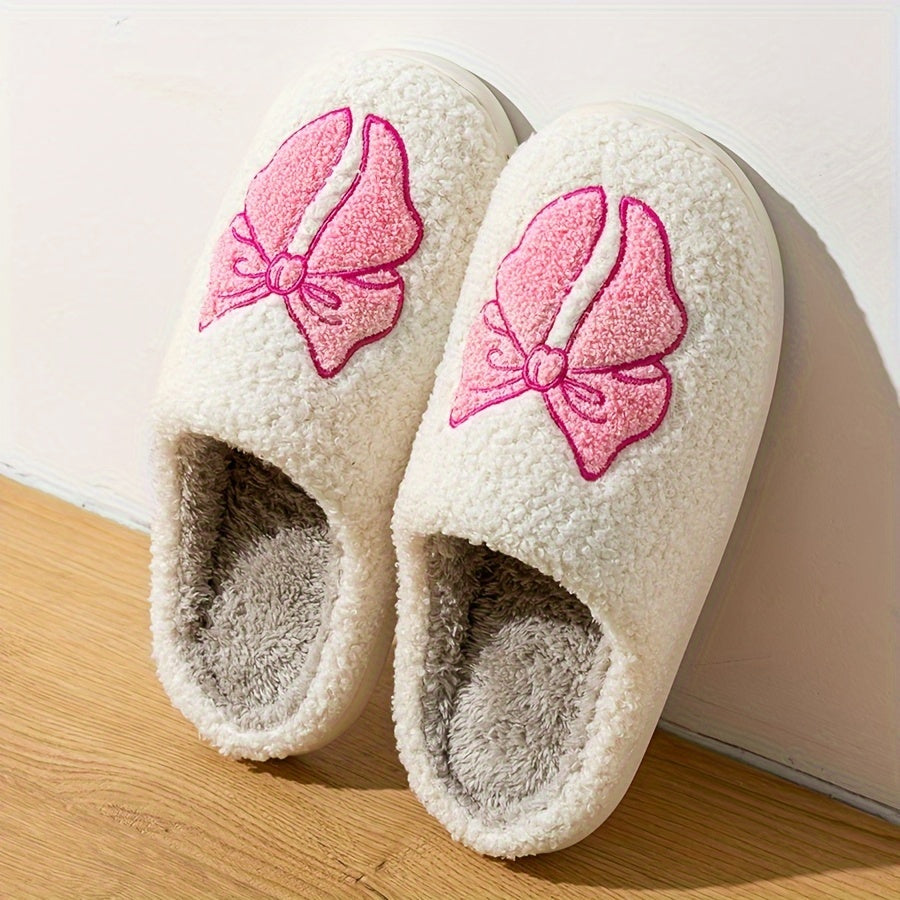 Hausschuhe Beige – Flauschige Slipper mit Rosa Schleifenstickerei