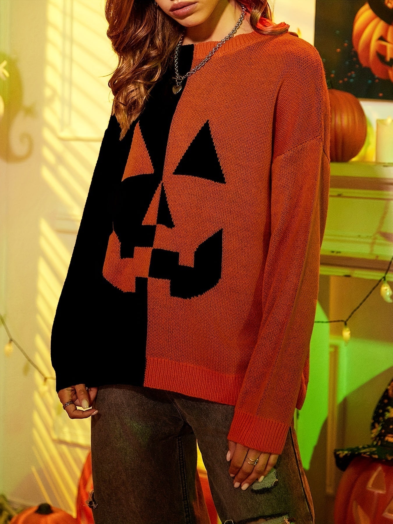 Orange-schwarzer Halloween-Pullover - Sophie