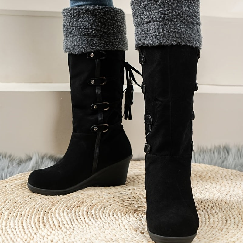 Schwarze Keilabsatz-Stiefel mit Fleecefutter