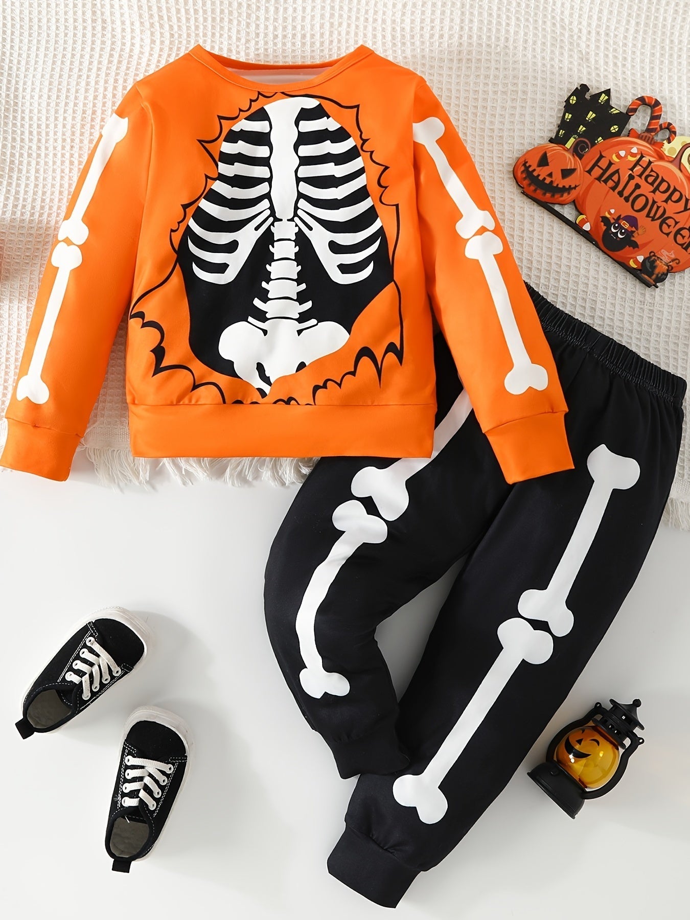 Set Schwarz und Orange - Kinder Halloween Skelett-Kostüm