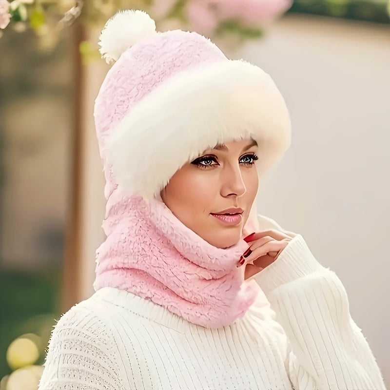 Beige Winter-Fleece-Mütze Set - Flauschiges Beanie mit Schal für Damen