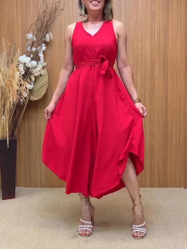 Clara – Charmantes Rotes V-Ausschnitt Midi-Kleid