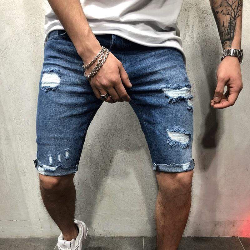 Zerrissene Jeans-Shorts in Blau mit umgeschlagenen Säumen - Luca